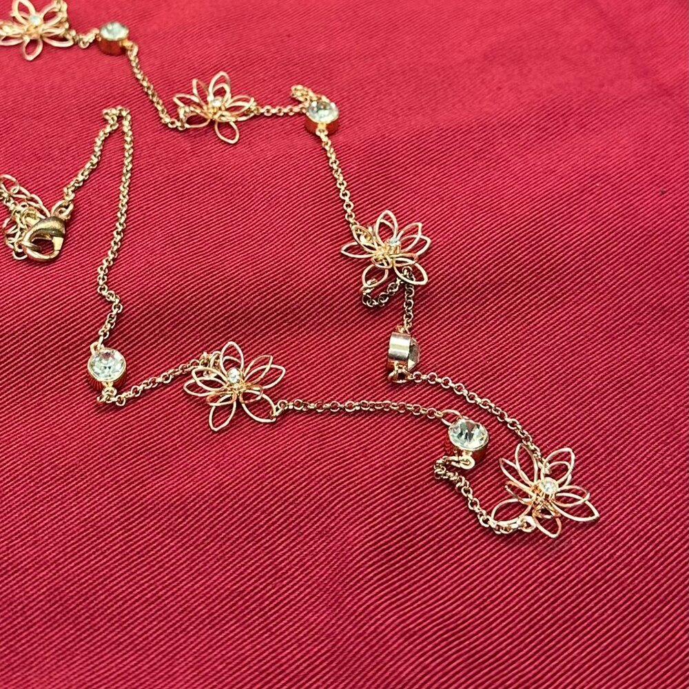 C1946 Long Gold-Tone Flower & Clear Crystal Station Necklace - Picture 14 of 15